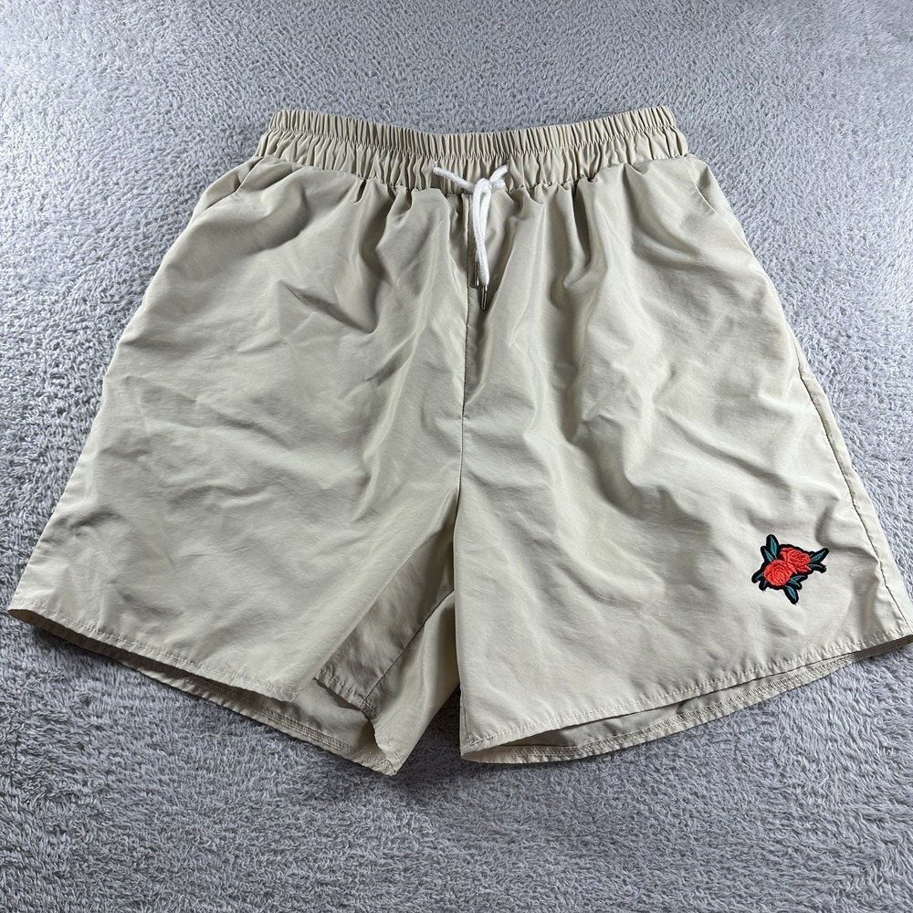 Romwe Shorts Mens XL Tan Ivory Beige Rose Embroidered Poly Elastic‎ Minimalist